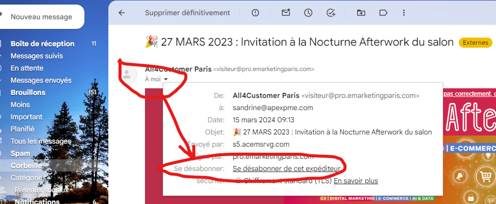 Se désabonner rapidement : Sur votre ordinateur, ouvrez Gmail. Ouvrez un e-mail de l'expéditeur dont vous ne souhaitez plus recevoir les messages. À côté du nom de l'expéditeur, cliquez sur Se désabonner. Dans le pop-up qui s'affiche, cliquez sur Se désabonner.