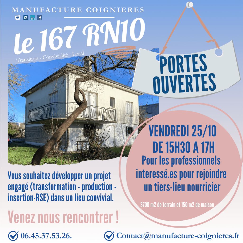 Portes ouvertes pour les professionnels, le vendredi 25/10 dès 15h30 et jusqu’à 17h. Vous avez une activité de production ou de transformation. Vous êtes artisans ou engagés dans la transition : du maraîchage à l’ insertion.
Vous recherchez un lieu pour des ateliers,
un afterwork ou des temps de convivialité…
On vous attend pour découvrir la manufacture de proximité de #coignieres 
La manufacture de Coignières a pour objectif de permettre le développement d’initiatives locales sur le thème de la transition, dans un lieu convivial et ouvert. 
Le projet est porté par un collectif de bénévoles.