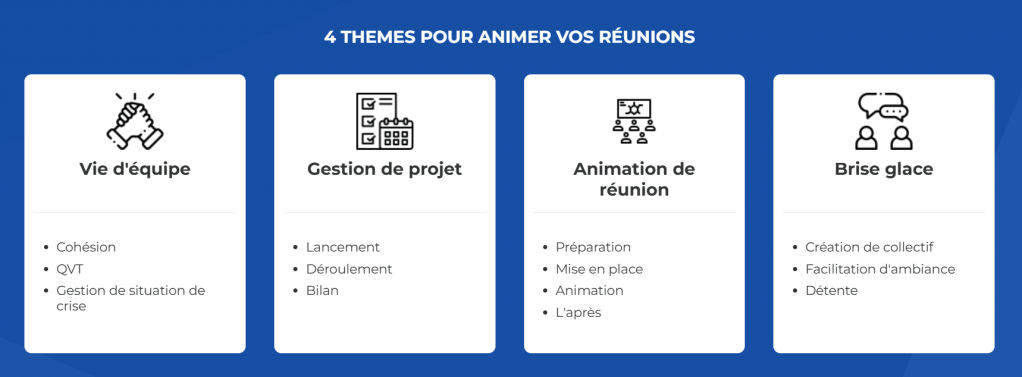 4 THEMES pour ce serious game. 
Vie d'équipe, Gestion de projet, animation de réunion et le fameux brise glace. 